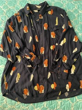 MONKI Navy Printed Long-Sleeve Button-Up Shirt with abstract design.